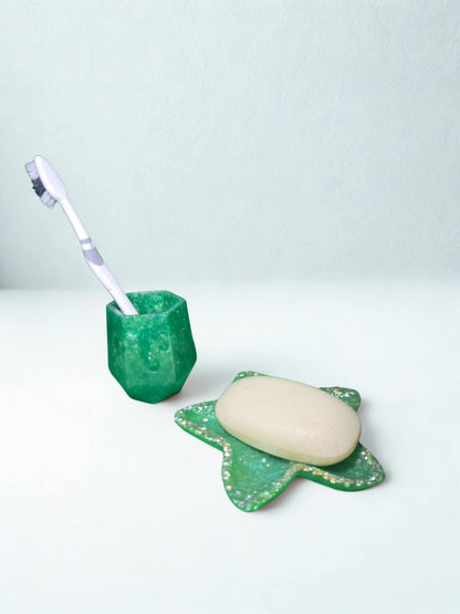 set de salle de bain artisanal vert (porte-savon + gobelet